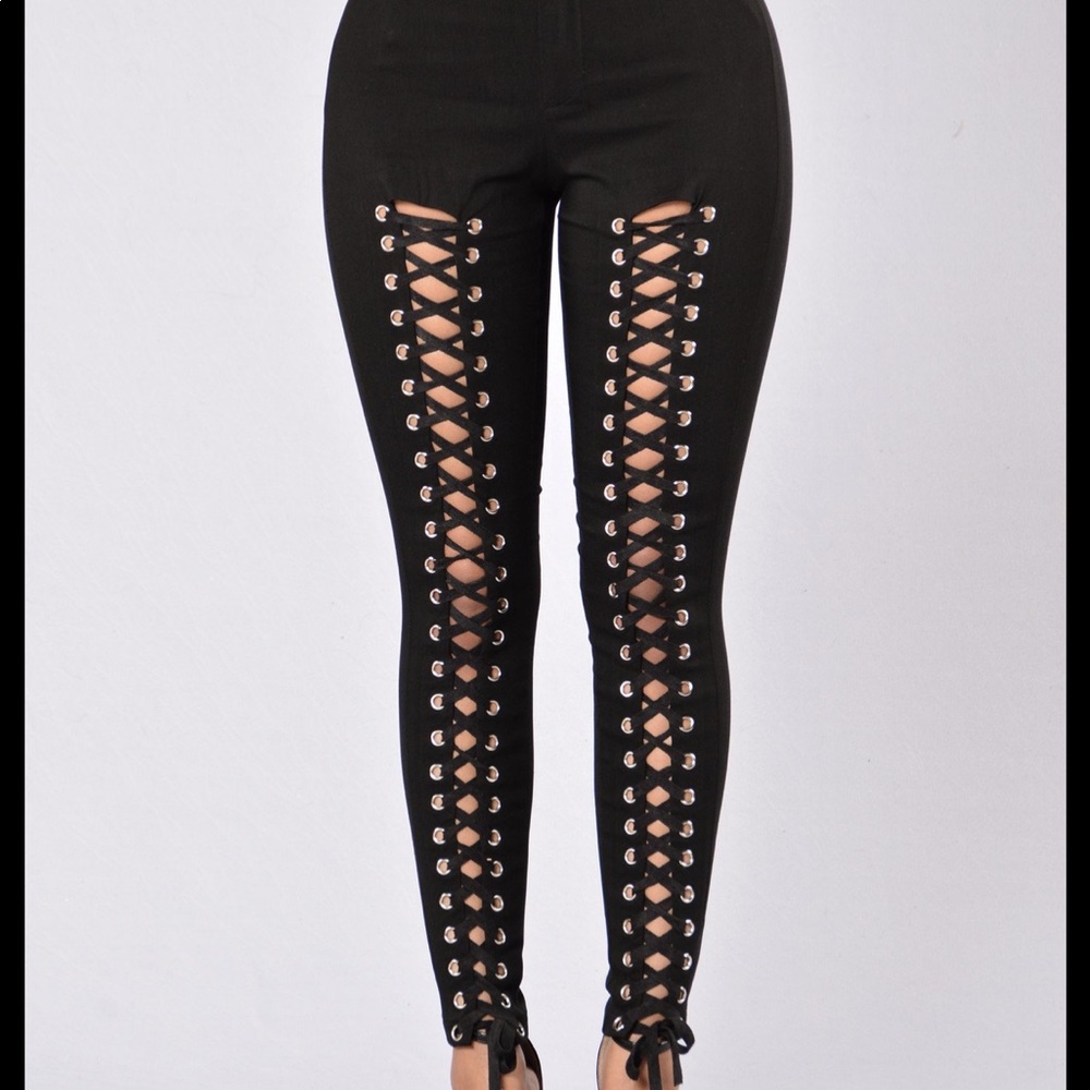 Black lace tie front pants